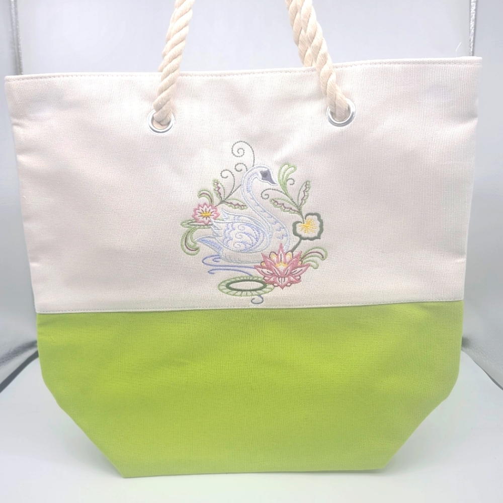 White and Lime Green Tote Bag Embroidered with a Swan- Brand New